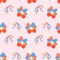 Retro Coquette 4th of July Strawberry Ribbon Bow America Girly Groovy Seamless Pattern Minimal Wallpaper Isolated on Background vector