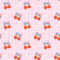 Retro Coquette 4th of July Strawberry America Ribbon Bow Girly Tile Seamless Pattern Minimal Wallpaper Isolated on Background vector