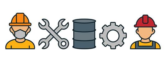Construction workers and tools at a worksite vector