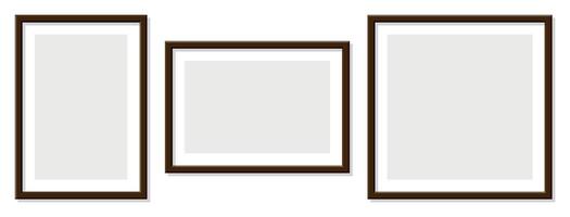 Brown wooden picture frames on transparent background clean minimalist design layout gallery wall mockup horizontal and vertical frame template classic wood tone art display interior decoration vector