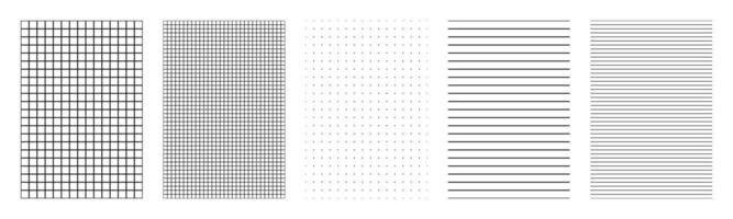 Black white geometric pattern set with square grid lines dotted paper ruled paper lined templates design collection for notebook planner bullet journal sketchbook background isolated on white vector