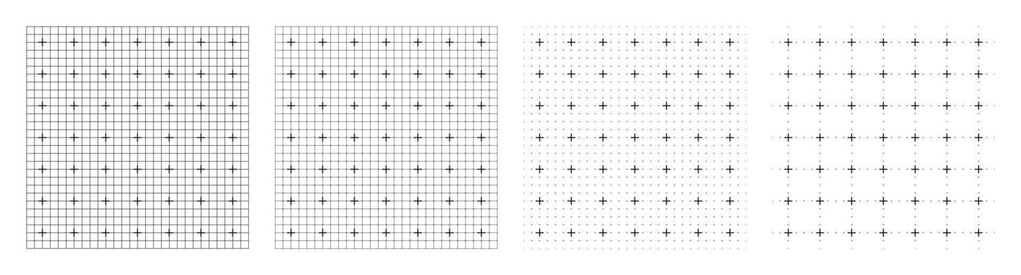Black and white digital grid set with square outlines, cross markers, and fine spacing guides used in interface design, engineering plans, UI mockups, and modern tech frameworks