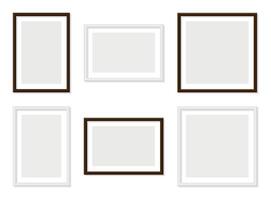 Set of vertical, horizontal and square picture frames with white and brown borders isolated on transparent background template for artwork display gallery exhibition interior design wall decoration vector