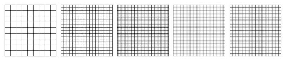 Square grid paper templates collection blank white pages with thin black lines for technical drawing school math bullet journal sketching drafting background printable stationery sheet vector