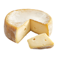 A wheel of Swiss cheese with a cut piece is displayed on transparent background png