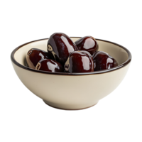 Shiny, dark dates are inside an offwhite bowl on transparent background png