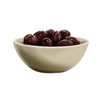 Creamy bowl filled with multiple glossy dark brown dates on transparent background png