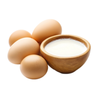 Milk in bowl with brown eggs creates simple, nutritious on transparent background png