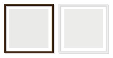Two picture frames one with brown wooden border other with white border on transparent background clean layout minimalist mockup for artwork presentation vertical orientation contrast color decoration vector