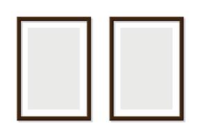 Two vertical brown wooden picture frames with inner white borders isolated on transparent background mockup template for artwork print poster gallery wall decor interior design presentation vector