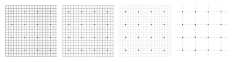 White abstract grid variations with black plus signs and dotted guides for calibration, measurement, engineering planning, data layout, and modern technology background use vector