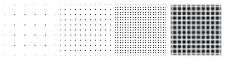 Dotted pattern sheet collection in increasing density black square dots on white background geometric grid design for planner bullet journal notebook paper or digital backgrounds clean minimal layout vector