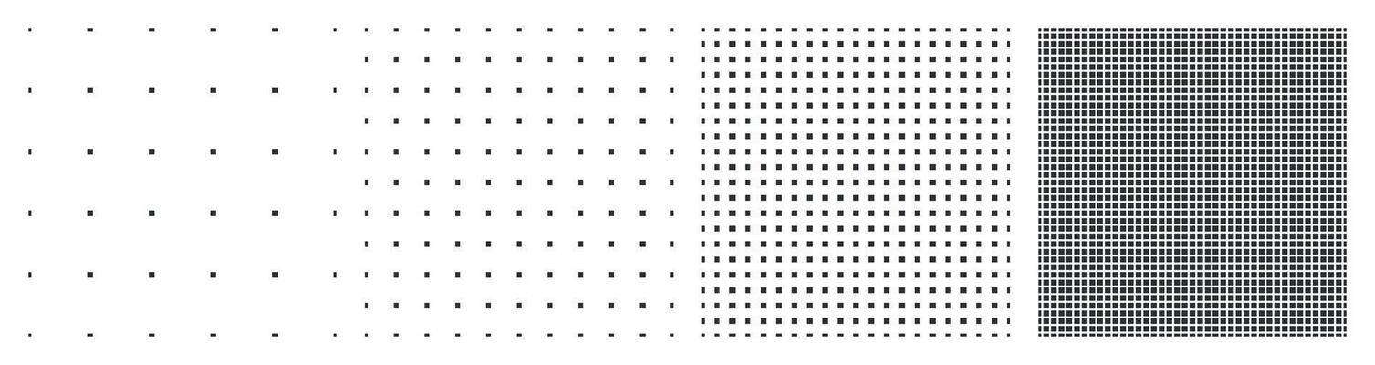 Dotted pattern sheet collection in increasing density black square dots on white background geometric grid design for planner bullet journal notebook paper or digital backgrounds clean minimal layout