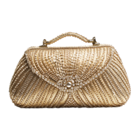 Ornate golden evening clutch encrusted with gems is gracefully displayed on transparent background png