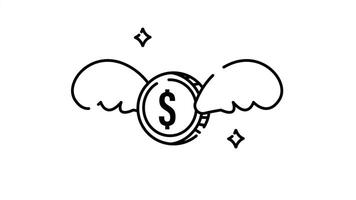 Flying Money Animation - Dollar Coin with Wings, animation isolated alpha channel, looping icon animated video