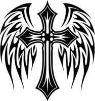 Tribal style cross with wings design isolated on white background vector