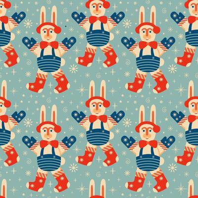 Blue Retro vintage Christmas pattern with Rabbits and Christmas decorations