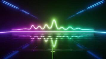 Neon Sound Wave, A futuristic display of vibrant, pulsing neon lights creates a dynamic sound wave visualization, set against a sleek, dark backdrop, evoking the energy of audio video