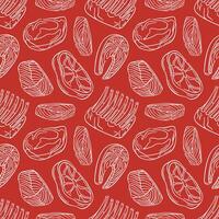 Seamless pattern with meat steak and salmon fish cut in line art style on red background. Perfect for culinary design, delivery packaging, grocery wallpaper and kitchen menu. vector
