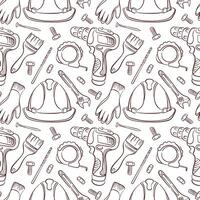 Seamless pattern of line art style construction tool drill, helmet, gloves, wrench, Tape Measure and paint brush. Perfect for building store packaging, repair design. vector