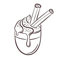 Coffee cup with whipped cream and cinnamon sticks in line art style. Perfect for cafe delivery packaging, bakery wallpaper isolated on white background. vector