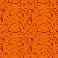 Seamless construction pattern with drill, helmet, gloves. wrench and tools line art style on orange background. Perfect for building industry, packaging and engineering design. vector