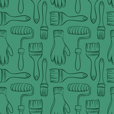 Seamless pattern of painting tools in line art style with brush, paint roller and gloves. Perfect for construction packaging or wallpaper store design.