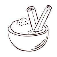 Bowl filled with cinnamon powder and stick in line art style isolated on white background. Perfect for spice, herb, cooking and kitchen ingredient design. vector