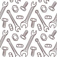 Seamless pattern with line art repair tools including wrench, bolt, nut and screw on white background. Perfect for construction mechanical store and engineering design. vector