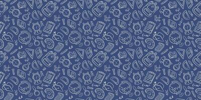 Seamless school doodle pattern with education elements, books pencil, globe, clock and backpack on blue background. Perfect for learning and children design. vector