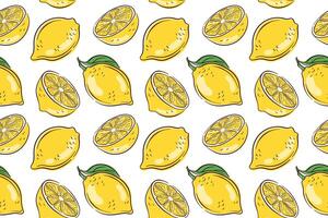 Seamless lemon pattern with whole and sliced yellow lemon on white background in flat style. Perfect for summer citrus fruit design, kitchen wallpaper, textile, packaging and healthy food theme. vector