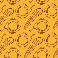 Seamless pattern with utility knife and measuring tape in line art style on yellow background. Perfect for construction shop packaging, repair tool print and hardware site branding. vector