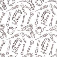 Seamless pattern with line art style tools, drill, clamp, pliers, wrench and screwdriver. Perfect for construction repair store and industrial repair design. vector