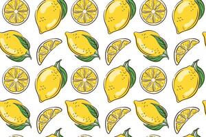 Seamless lemon pattern with whole fruit, slices and leaves in flat style. Citrus background for packaging, kitchen decor, textiles or summer themed design. vector