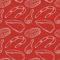 Seamless meat pattern with line art sausage, drumsticks, chicken fillet and ham on red background. Perfect for packaging butcher shop, menu or culinary design. vector