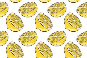 Seamless pattern of yellow lemon half with segments on a white background in flat style. Perfect for fresh citrus theme, summer design, kitchen decor and healthy food illustration. vector
