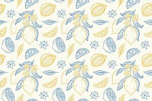 Seamless pattern with line art style lemon, leaf and flower on a white background. Perfect for textile, packaging, summer and fresh fruit design. vector