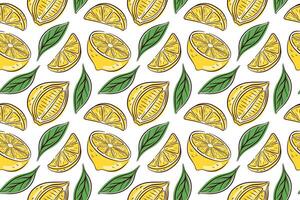 Seamless pattern with yellow lemon slice, half and green leaves in flat style on white background. Fresh fruit design for summer packaging, fabric, wallpaper or kitchen decoration. vector