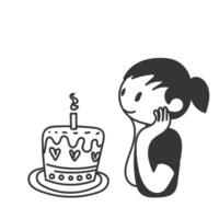 a black and white drawing of a girl looking at a cake with a candle vector
