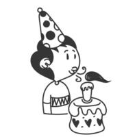 a black and white drawing of a boy blowing out a candle on a cake vector