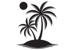 Exotic beach island with sun and palm tree silhouette vector