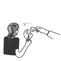 a woman is holding a piece of puzzle with a hand reaching out to it vector