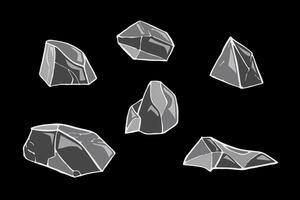 Hand drawn illustration featuring a collection of salt stones with varying shapes and textures, seemingly floating against a stark black backdrop, creating a dramatic and mysterious visual vector