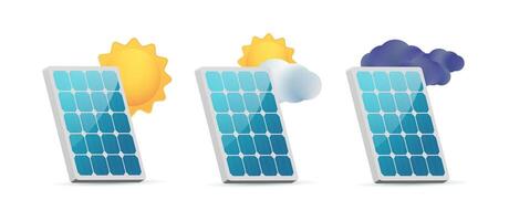 Solar panels are generating electricity with different weather conditions, including full sun, partial cloud cover, and stormy weather with dark clouds vector