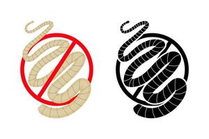 Two versions of a stylized tapeworm crossed by a red forbidden sign, representing the concept of antiparasitic treatment and prevention of helminthiasis vector