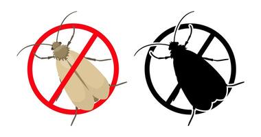 Stop clothes moth sign with insect silhouette and color image isolated on white background, warning against infestation and damage to fabrics vector