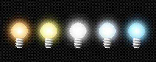 Light bulbs emitting light in varying color temperatures create a gradient from warm yellow to cool blue, illustrating concepts of lighting and energy efficiency vector