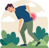 Illustration of a man with back pain. He puts his hand on his waist and has a pained look on his face. vector