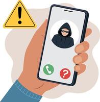 Illustration of an use smartphone with incoming call from unknown scammer vector