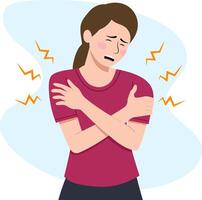 woman who is cold, with a pained expression and hugging her chest, to express discomfort or fever vector